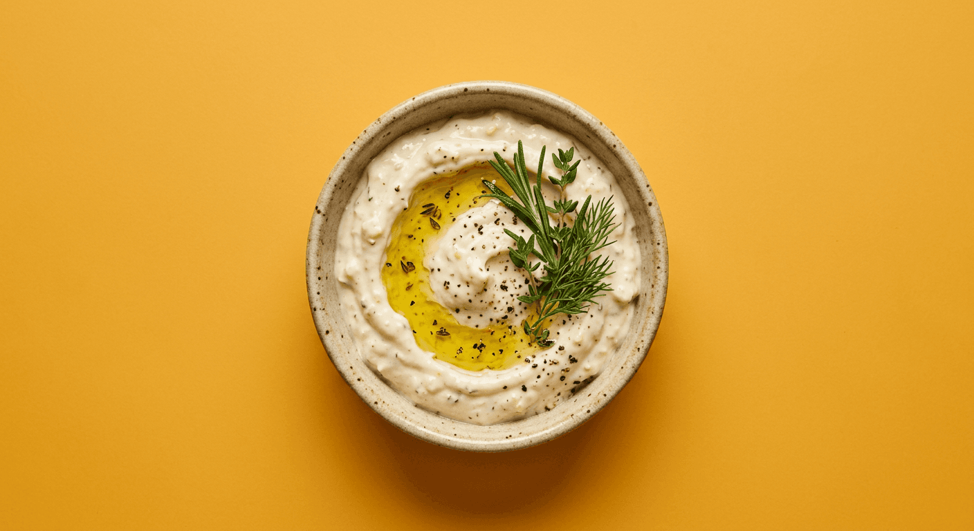 Cremiger Knoblauch-Dip mit frischen Kräutern und Olivenöl