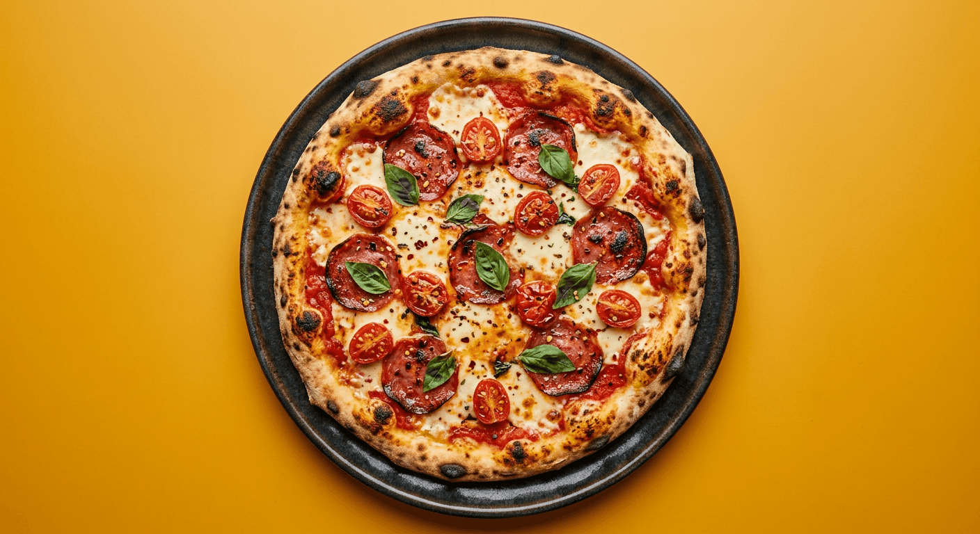 Frisch gebackene Salami-Pizza mit Mozzarella, Kirschtomaten und Basilikum