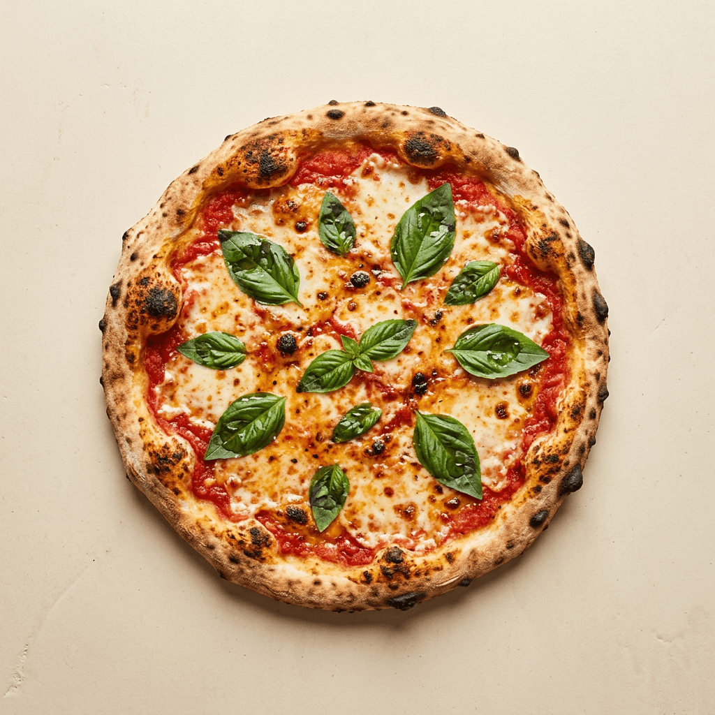 Pizza Margherita mit Mozzarella und frischen Basilikumblättern von oben fotografiert