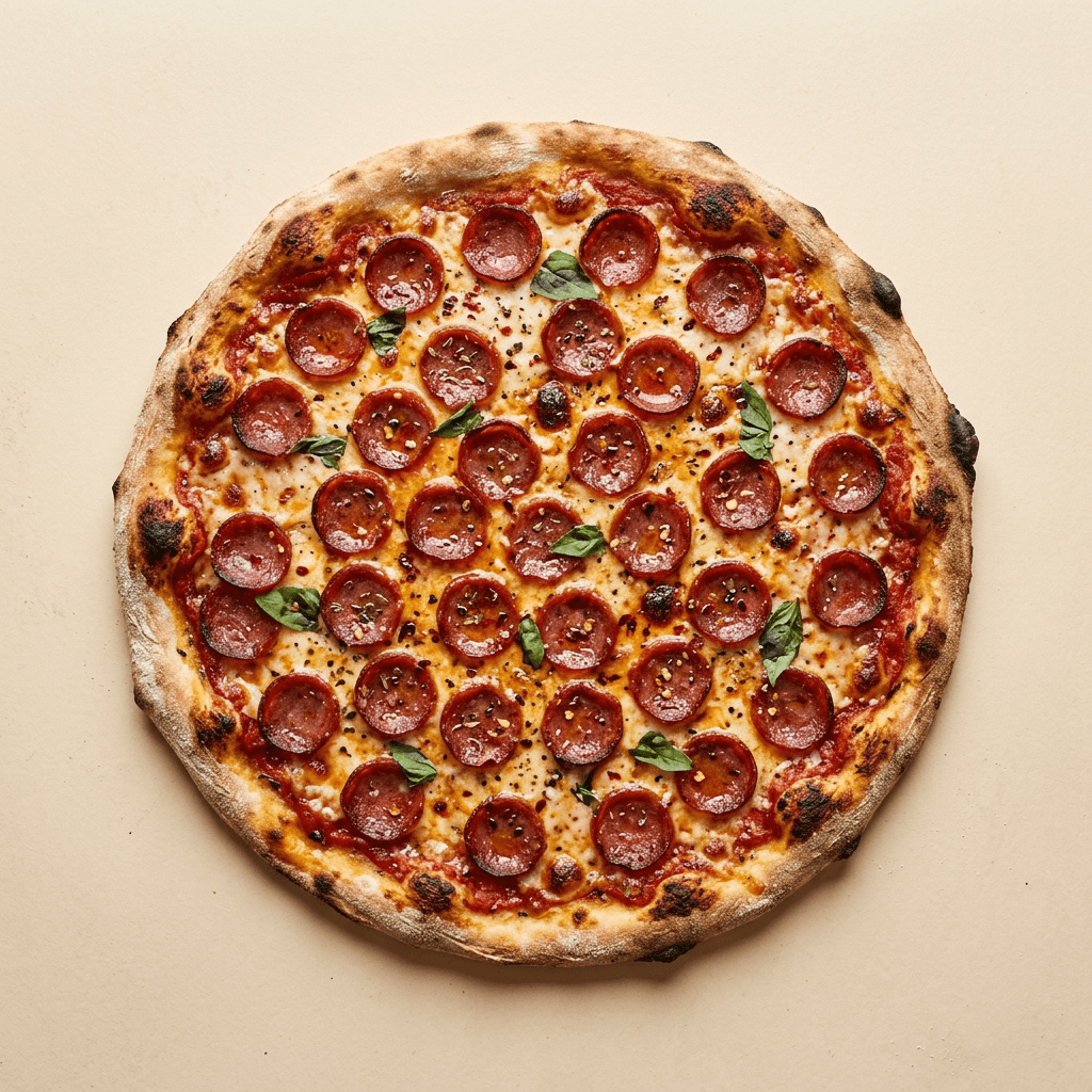 Pizza Salami mit würziger Salami und geschmolzenem Käse von oben fotografiert