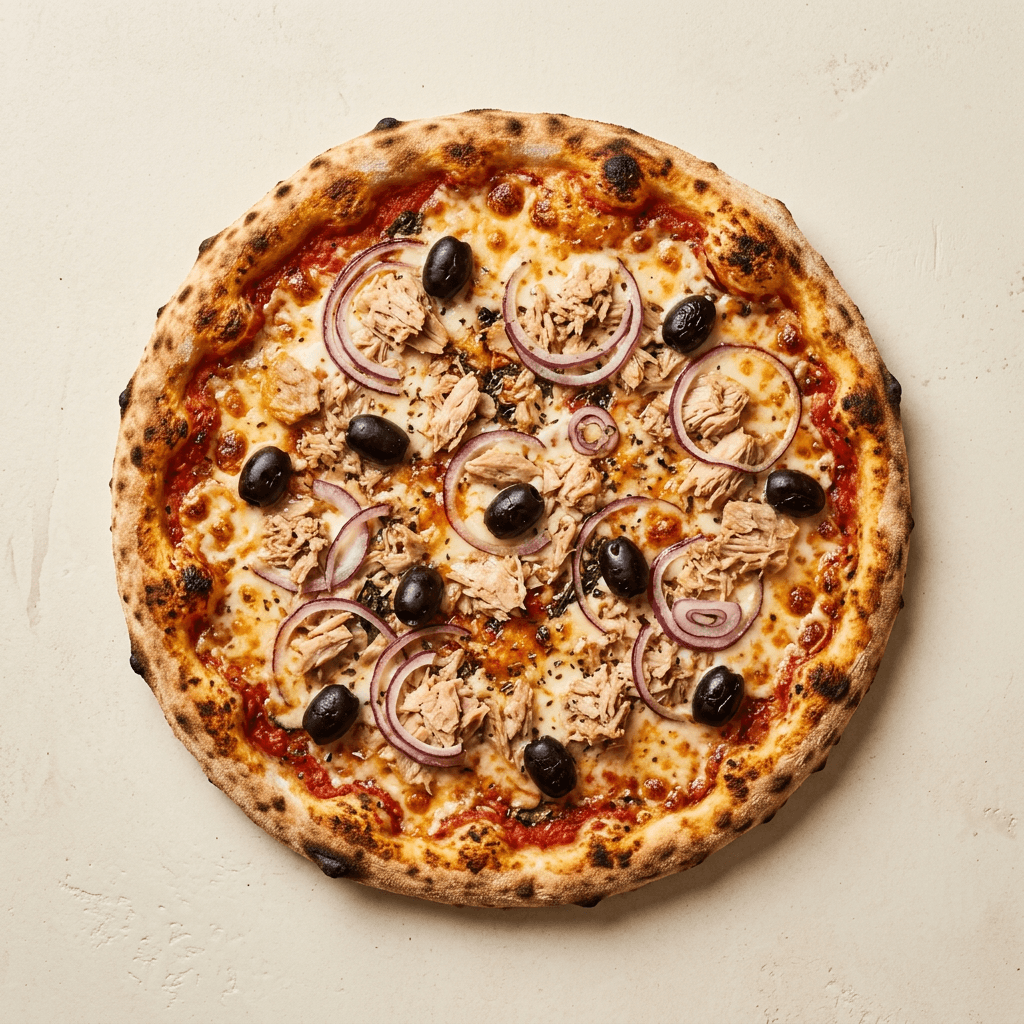 Pizza Thunfisch mit Zwiebeln und Oliven von oben fotografiert